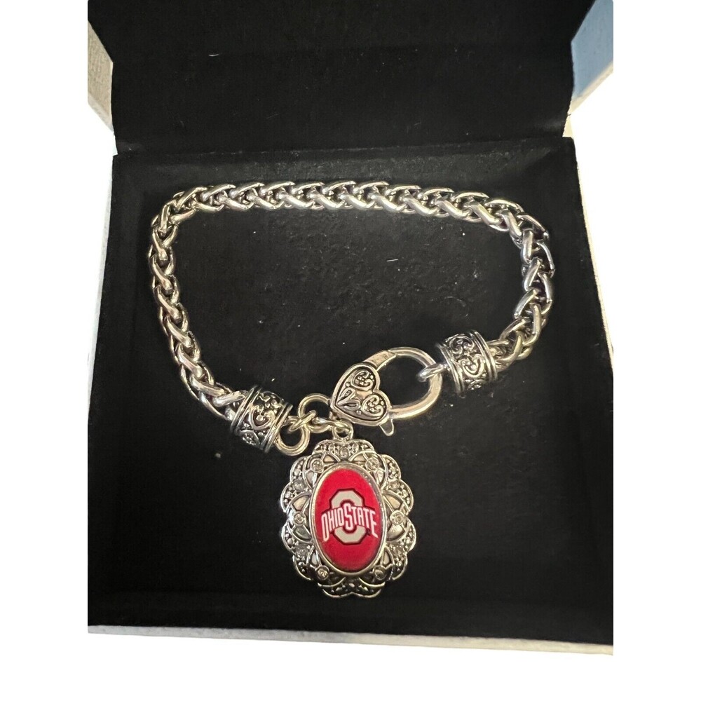OSU Ohio State Buckeyes Women's Filigree Bracelet Silver Tone Red & Grey Charm